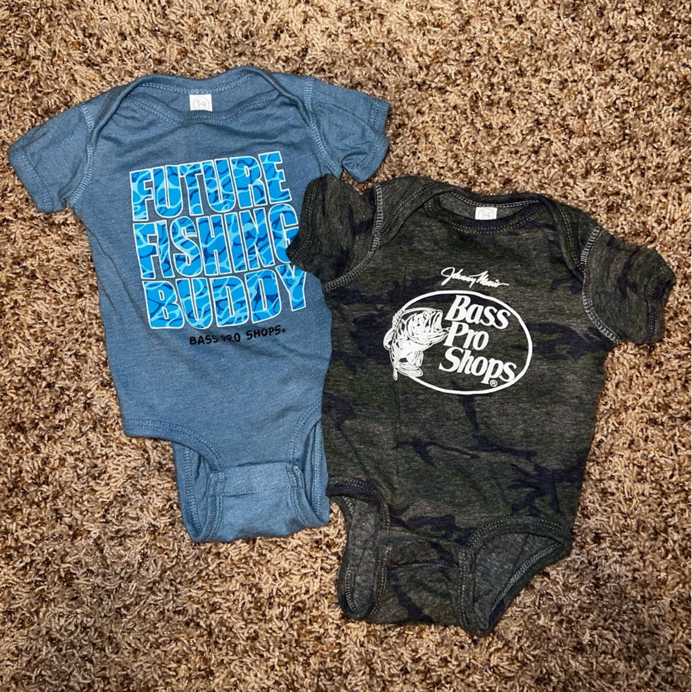 Bass Pro Shops, 3-6 month, camo and fishing short sleeve onesies
